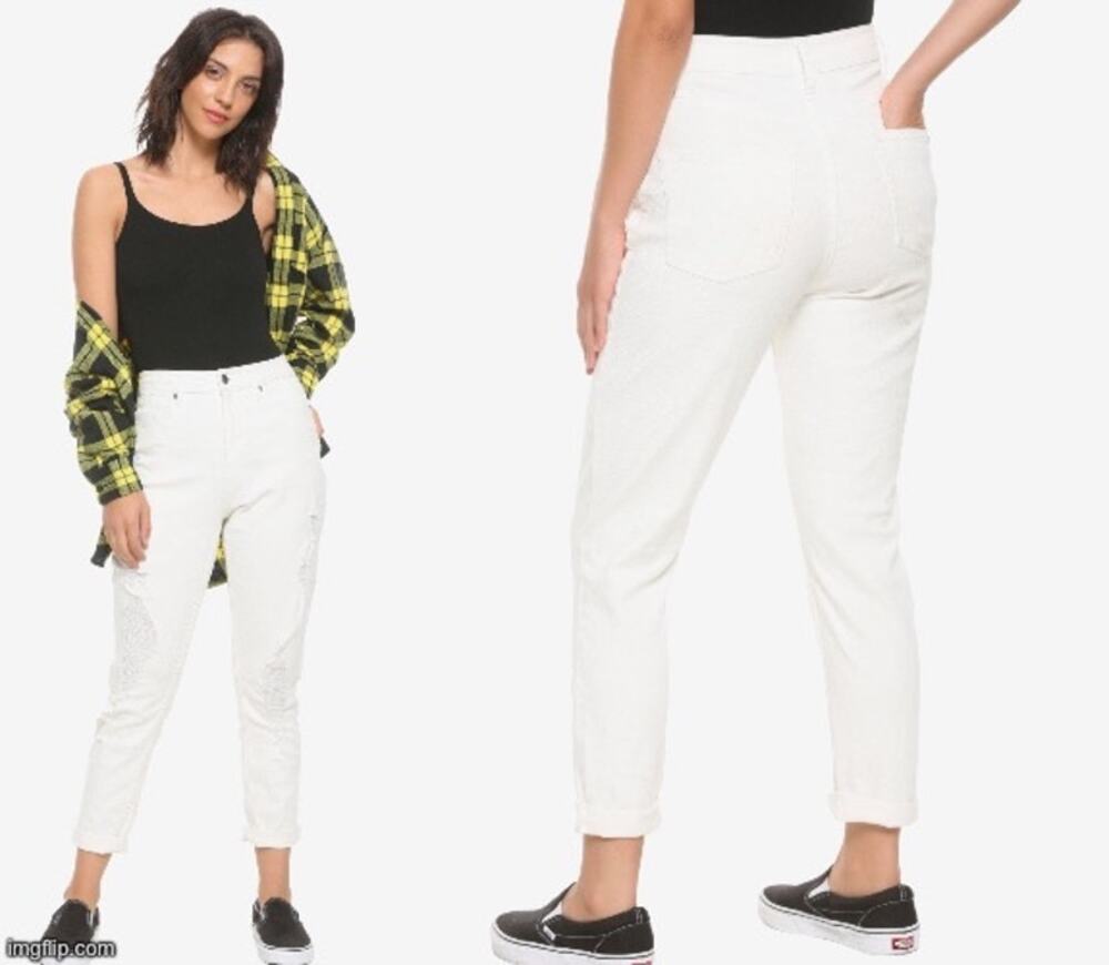 Hot Topic NWT Women's Junior 3 HT Denim Off-White Mom Jeans Stretch Distressed